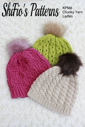 Knitting Pattern for 3 Ladies Chunky Knitted Hats, Chunky Hat Knitting Pattern, Ladies Hat Knitting Pattern, Circular Knitted Chunky Hat Pattern, KP566