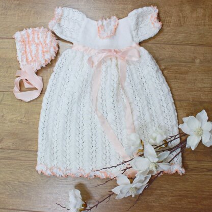 Knitting pattern baby christening dress & hat #213