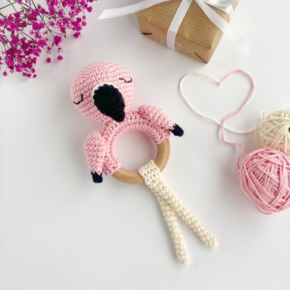 Flamingo crochet pattern baby rattle Amigurumi tether toy