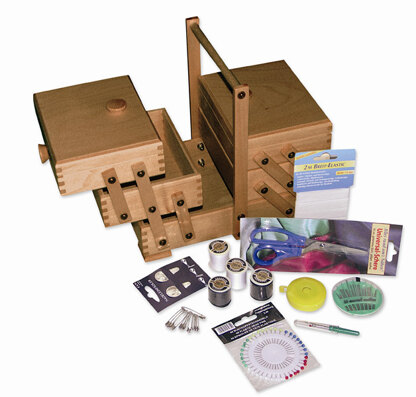 Sewandso Small Cantilever Sewing Box With Sewing Starter Set, Beech Wood - Dark Colour