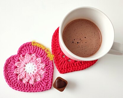 Crochet Heart Coasters with Flower Motif for Valentine's Day