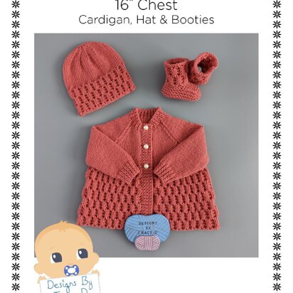 JJ 16 inch chest Cardigan, Hat & Booties Baby knitting pattern Newborn