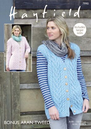 Longline Waistcoat and Jacket in Hayfield Bonus Aran Tweed with Wool - 7990 - Downloadable PDF