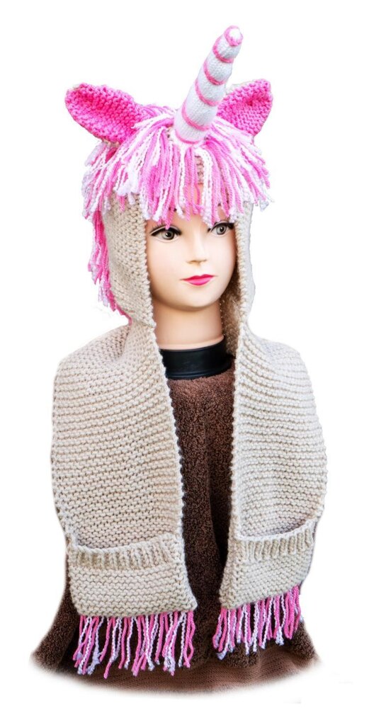 Free crochet pattern for unicorn hooded scarf with outlet pockets