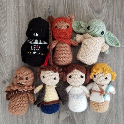 Star Wars amigurumi crochet pattern Ahsoka Tano Mando Baby Yoda Padme Stormtrooper Rey C3PO R2D2 Leia Luke Han Solo Chewbacca Ewok Vader