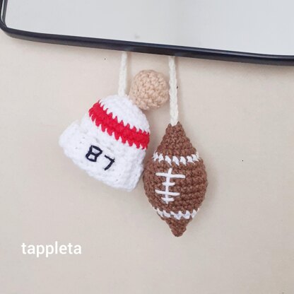 Football fan charm keychain crochet pattern, Rear view mirror car charm for swiftie, Red striped beanie hat 87, Taylor Travis love fan gift