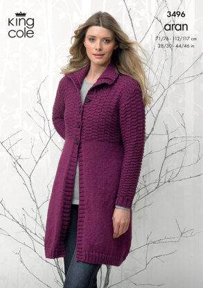 Coat and Hooded Cardigan in King Cole Aran - 3496