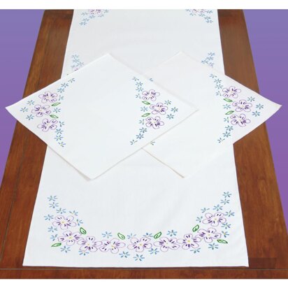 Jack Dempsey Stamped Dresser Scarf and Doilies Perle Edge - Lavender Flowers