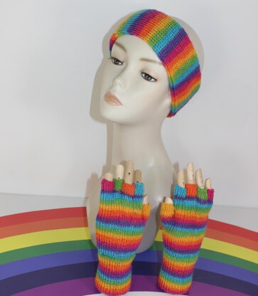 Rainbow 4ply Short Finger Gloves & Headband Circular