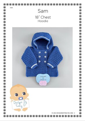 Sam Baby Hoodie knitting pattern Double=Breasted 18" chest size