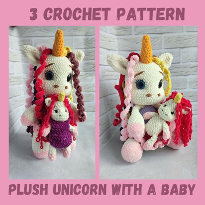 3 Crochet patterns plush unicorn with a baby in a kangaroo jumpsuit