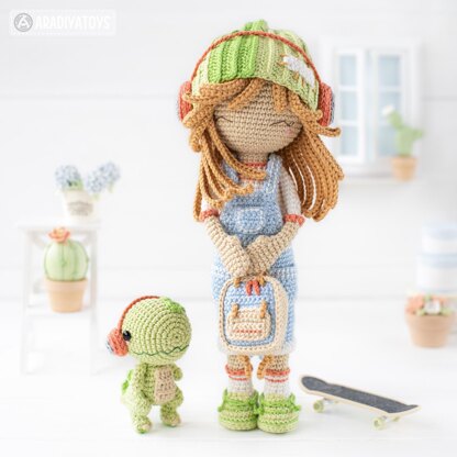 Crochet Doll Pattern for Amigurumi Doll Sadie with Melody Dino by AradiyaToys (Olka Novytska) tutorial PDF file overalls handmade DIY Amigurumi Pattern