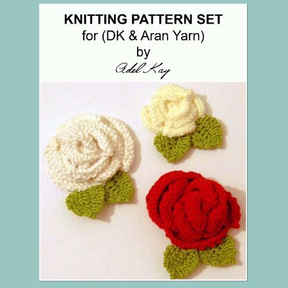 Anna 3 x Rose Flower Brooches Pins Aran DK Yarn Corsages Knitting Pattern by Adel Kay