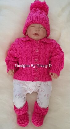 Brooklyn baby knitting pattern cardigan, hats and booties 0-3 mths & 6-12m