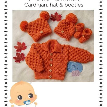 Timothy baby knitting pattern cardigan, hats and booties 0-3 mths & 6-12m