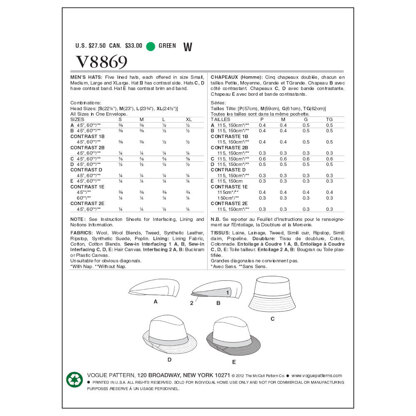 Vogue Men's Hats V8869 - Paper Pattern, Size ONE SIZE