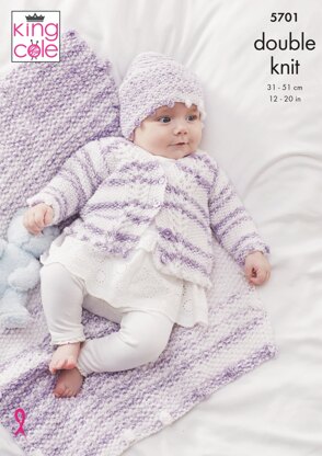 Matinee Coat, Cardigan, Crossover, Waistcoat, Hat and Blanket Knitted in King Cole DK - 5701 - Downloadable PDF