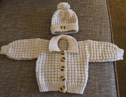 Noah baby cardigan, hat and booties knitting pattern 3 sizes 0-12mths