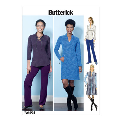 Butterick Strick-Tops mit Raglan-Ärmeln und Kleid, Weste und Pull-On-Hose für Damen B6494 - Schnittmuster