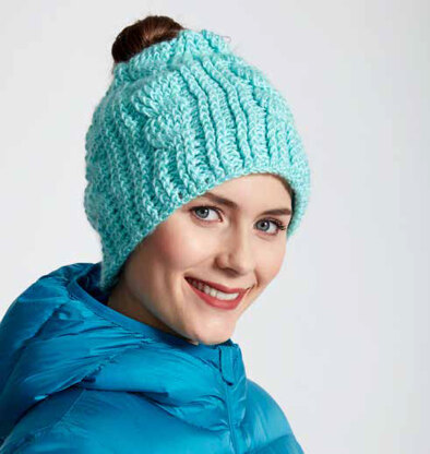 Twist Stitch Messy Bun Crochet Hat in Caron Simply Soft - Downloadable PDF