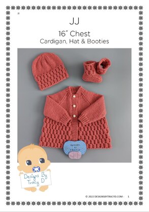 JJ 16 inch chest Cardigan, Hat & Booties Baby knitting pattern Newborn