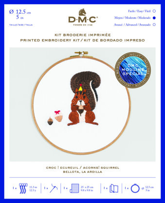 DMC Acorns! Squirrel (printed fabric, 5" hoop) Embroidery Kit - 25cm x 25cm