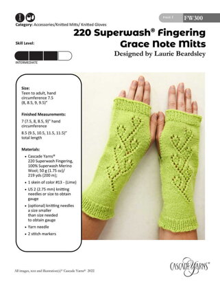 Grace Note Mitts in Cascade Yarns 220 Superwash Fingering - FW300 - Downloadable PDF