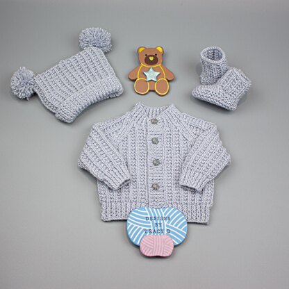 Jacob Baby Cardigan, Hat & Booties knitting pattern in 2 sizes 0-3mths & 6-12mths