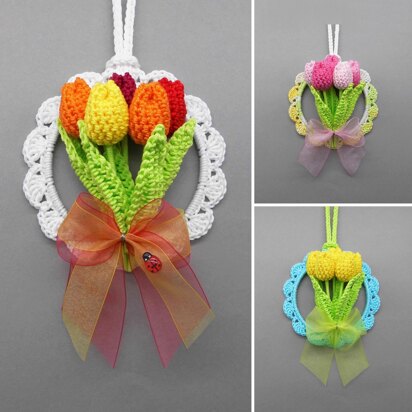 Small tulips hanging decoration for doors, walls & windows - easy from scraps of yarn