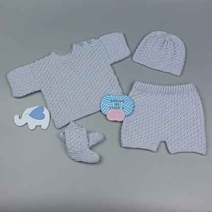 Harri Jumper, shorts, hat and socks baby knitting pattern 18" chest