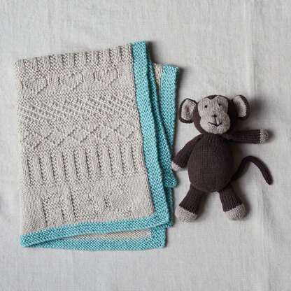 Gansey Style Baby Blanket & Monkey - in Debbie Bliss Cashmerino Aran & Baby Cashmerino