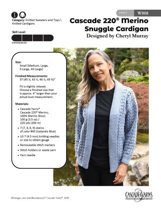 Snuggle Cardigan in Cascade Yarns Cascade 220® Merino - W808 - Downloadable PDF