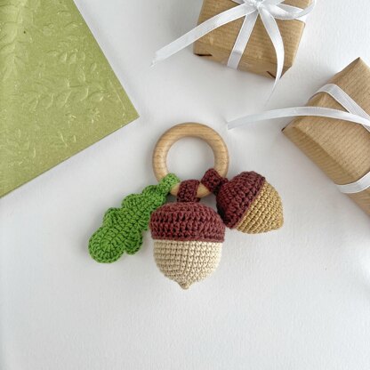 Acorns with leaf crochet pattern Baby rattle toy Amigurumi teether ring Sensory toy pattern