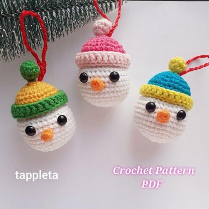 Snowman bauble with beanie hats crochet pattern, Amigurumi snowman ornament, Snowman Christmas tree ornament crochet Xmas nursery decoration