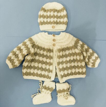 Bubble Pattern Matinee Jacket, Hat and Booties