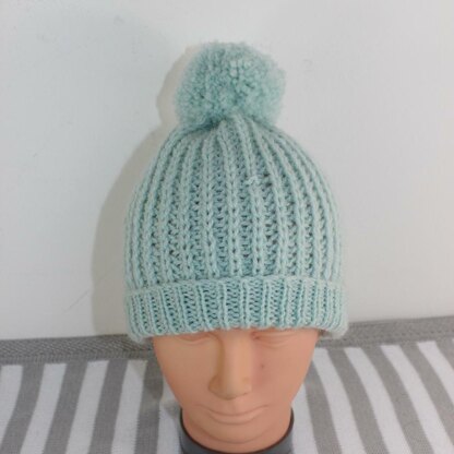 Simple Aran Fishermans Rib Bobble Beanie Hat