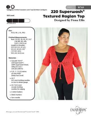 Textured Raglan Top in Cascade Yarns 220 Superwash - W769 - Downloadable PDF