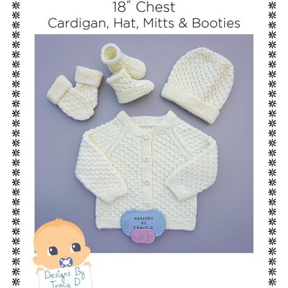 Ceri Unisex baby knitting pattern cardigan, hat, mitts and booties 0-6mths 18" chest