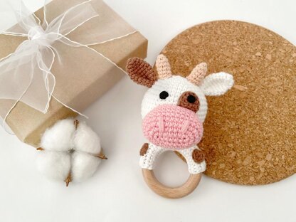 Cow crochet pattern Baby rattle toy Amigurumi farm animal Teether ring
