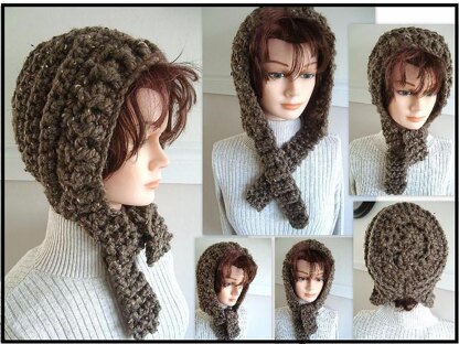 517, SNUGGLY  crochet WOOLY HOOD HAT, age 5 to adult