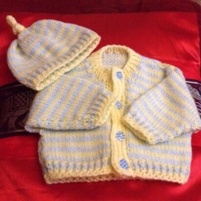 Stripe Cardi and Matching Beenie Hat and Boots 0-3mths