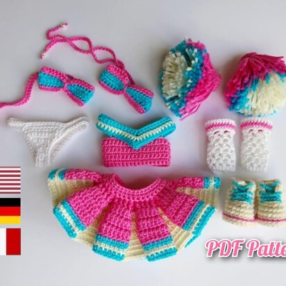 Astrid doll clothes crochet pattern, Amigurumi doll Cheerleader outfit pattern (English, Deutsch, Français)