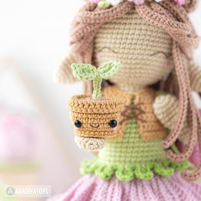 Amigurumi Crochet Doll Pattern LUNA with Kawaii Sprout by AradiyaToys (Olka Novytska) collection tutorial PDF file, elf crochet pattern doll dress fantasy kawaii