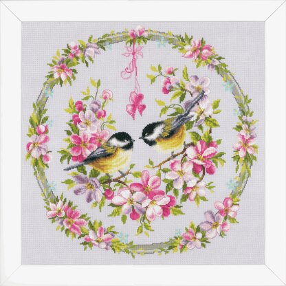 Vervaco Great Tits in a Flower Wreath Cross Stitch Kit - 40 x 40cm