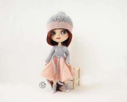 Pink and gray outfit for doll knitted flat