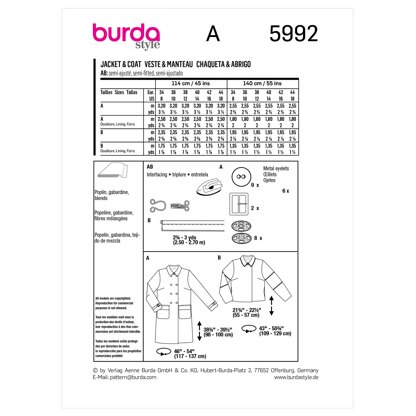 Burda Style Misses' Double-Breasted Jacket and Coat B5992 - Sewing Pattern