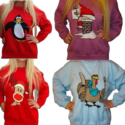 4 x Plus Size Christmas Jumper Knitting Patterns #6 Santa Penguin Turkey Rudolph