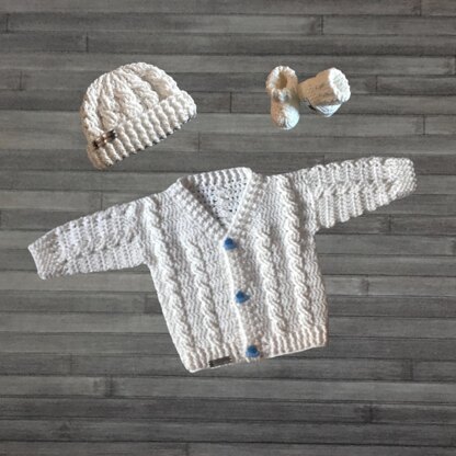 Ethan Baby Cardigan Hat and Booties Set