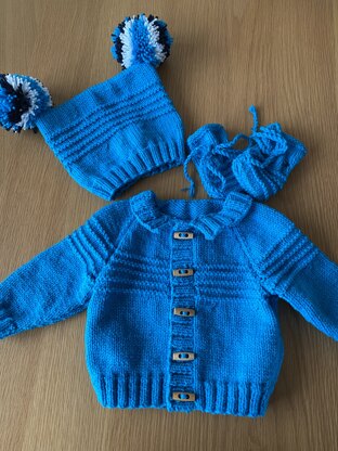 Baby boy hat, cardigan and mitts