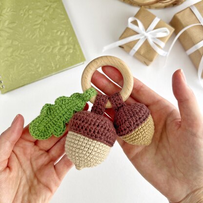 Acorns with leaf crochet pattern Baby rattle toy Amigurumi teether ring Sensory toy pattern
